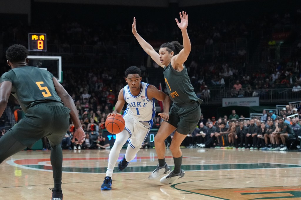 Duke Blue Devils guard Caleb Foster (1) drives to the basket.