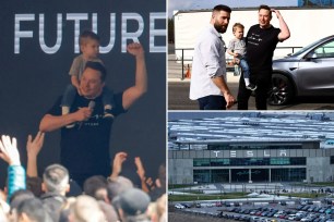 Elon Musk with son at Tesla German plant
