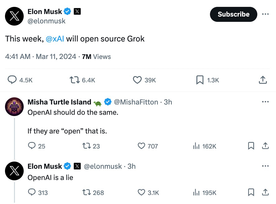 Elon Musk's tweet announcing that his xAI company will open-source its chatbot Grok, while criticizing rival company OpenAI.