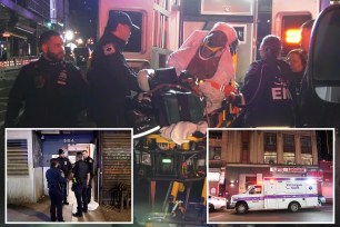 A 26-year-old man from the Bronx was critically injured (center) after being shot in the head inside The Music Building on 8th Avenue (bottom right) overnight
