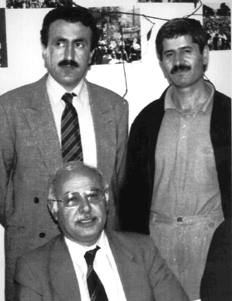 Former Iranian Kurdish leader Sadiq Sharafkindi, Fettah Abduli, and Humayun Erdalan posing for a photo in an undated file photo.