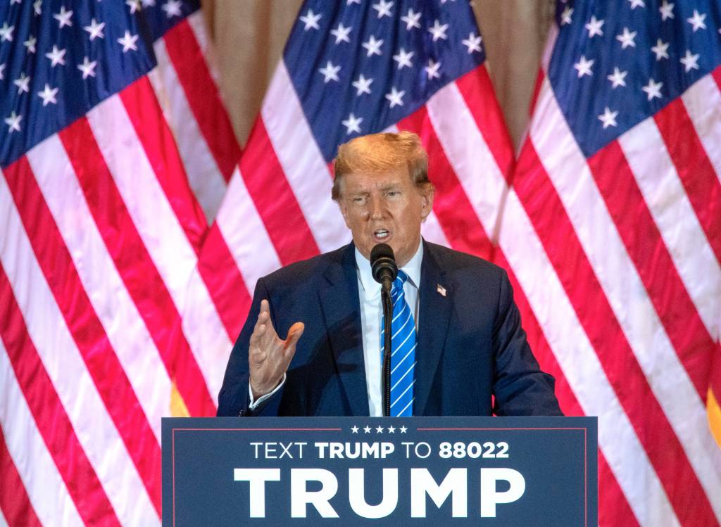 Former president Donald Trump speaks at an election-night watch party on Super Tuesday at Mar-a Lago on March 5, 2024 in Palm Beach, Florida.