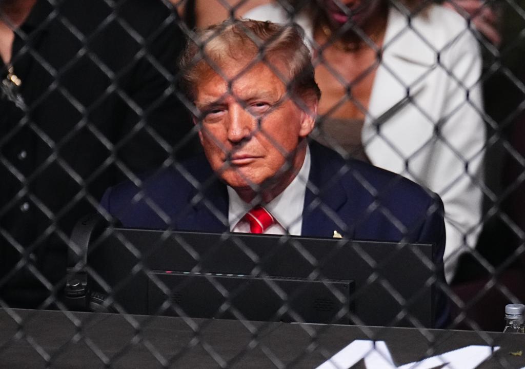 Trump sitting behind a fence. 