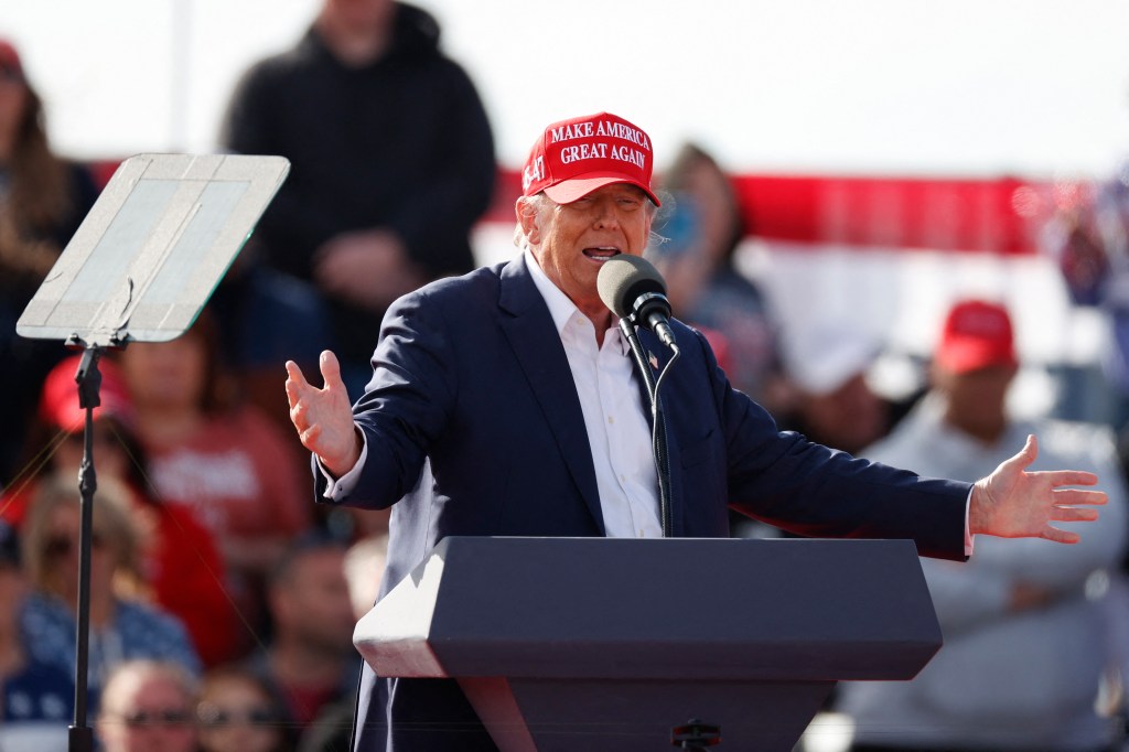 Former US President and Republican presidential candidate Donald Trump speaks during a Buckeye Values PAC Rally in Vandalia, Ohio.