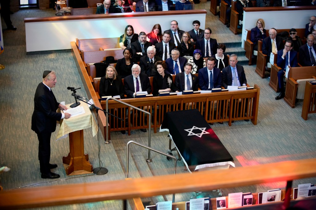 Former Vice President Al Gore speaks at the funeral for former Sen. Joe Lieberman in Stamford, Conn., Friday, March. 29, 2024