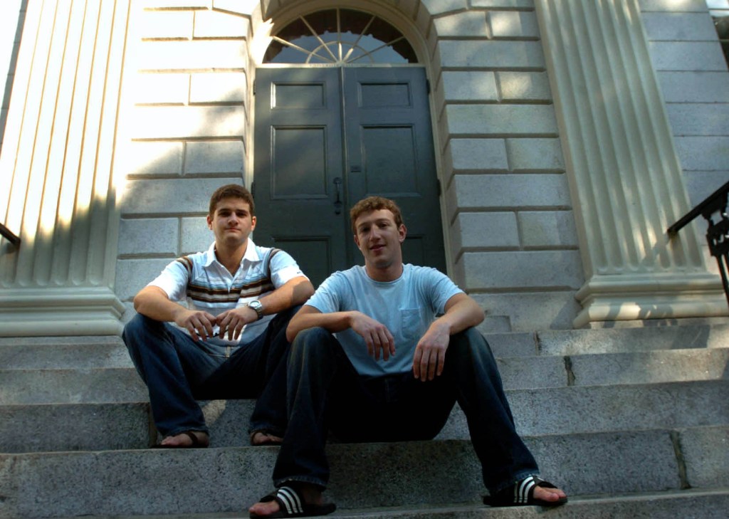 A photo of a young Dustin Moskovitz and Mark Zuckerberg, shown at Harvard when they were students more than 20 years ago.