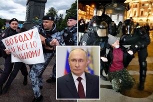 Demonstrators getting arrested by Russian police officers; Vladimir Putin