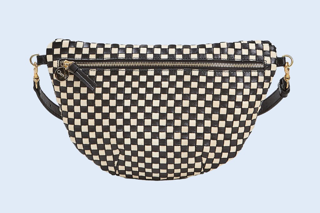 Image of a black and white checkered fanny pack bag from the brand Clare V. Grande