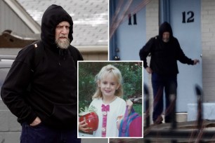 Gary Oliva, the sex offender who confessed to killing JonBenet Ramsey, is seen for the first time after being released from prison pictured outside the halfway house where he is residing in Denver, Colorado, seen wearing black sweatshirt with hood pulled up, seen from two different angles; inset of JonBenet Ramsey at center