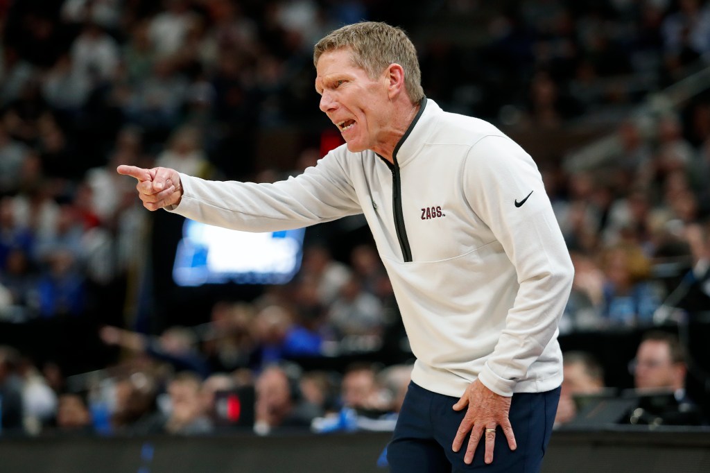 Head coach Mark Few of the Gonzaga Bulldogs instructs his team against the McNeese State Cowboys.