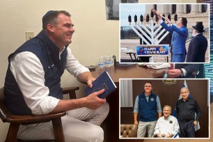 left Gov Kevin Stitt meets with Rabbi Goldman , upper right a large menorah islit, lower left sitt poses for photo with others