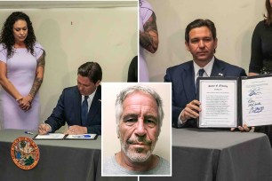 Two photos of Gov. SeSantis and one photo showing a T-shirt clad Jeffrey Epstein.