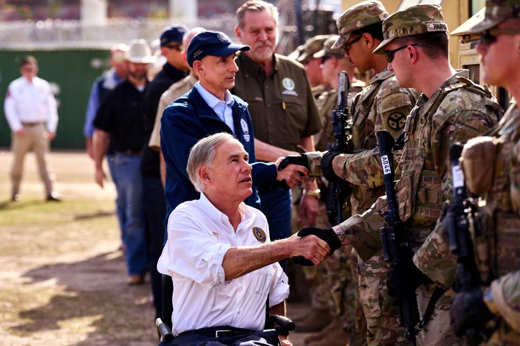 Governor of Texas Greg Abbott was joined by members of the Texas House of Representatives during a news conference on border security and the migrant crisis at Shelby Park on Thursday, February 8, 2024 in Eagle Pass