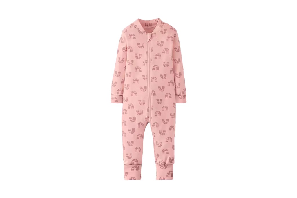 A pink baby outfit with rainbow pattern