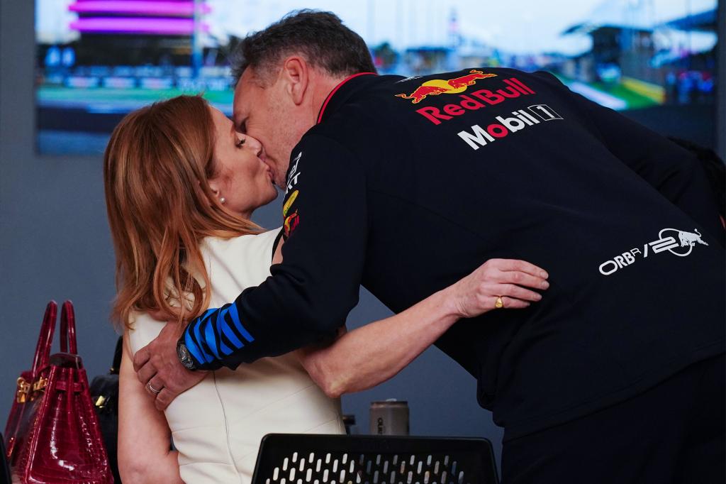 Geri Halliwell and Christian Horner share a kiss at the Bahrain Grand Prix on March 2, 2024.