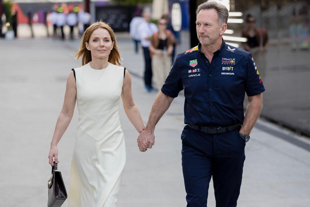 Geri Halliwell and husband Christian Horner hold hands at the Bahrain Grand Prix on March 2, 2024.