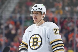 Hampus Lindholm #27 of the Boston Bruins looks on against the Philadelphia Flyers at the Wells Fargo Center.