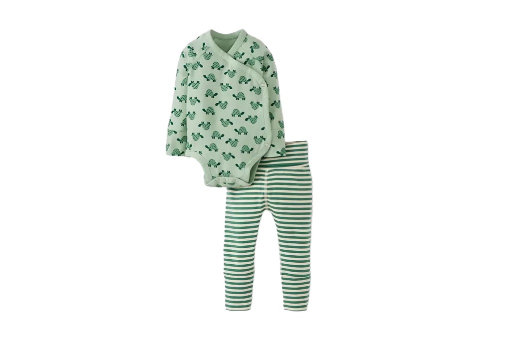 green and white striped pants with green turtle pattern.