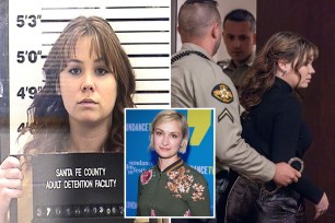 A woman posing for a mugshot in a police uniform, after being convicted of involuntary manslaughter in 'Rust' shooting trial.