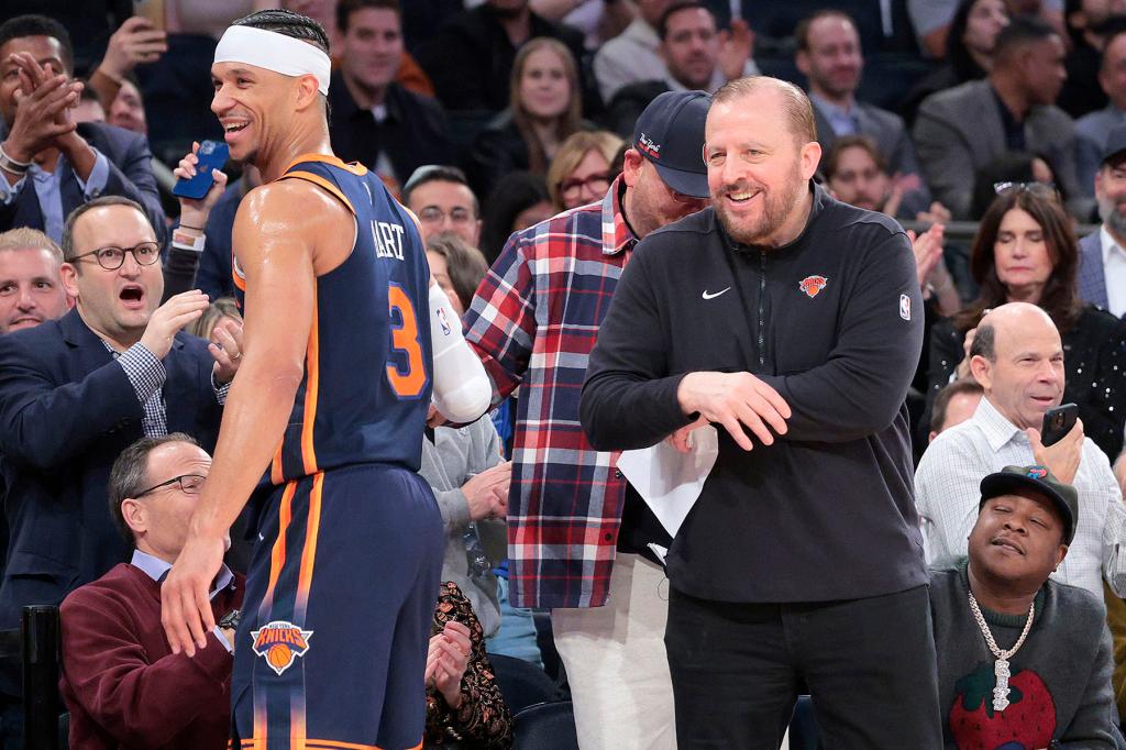 New York Knicks guard Josh Hart #3 is all smiles along with head coach Tom Thibodeau during the fourth quarter. The New York Knicks defeat the 76ers 106-79.