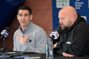 New York Giants GM Joe Schoen (left), and Head Coach Brian Daboll speaking to the media at the New York Giants training facility in East Rutherford, New Jersey.