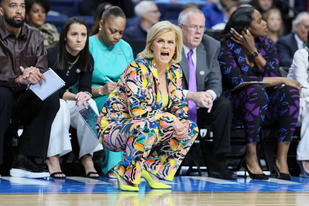 Kim Mulkey reacts during LSU's NCAA Tournament game against UCLA on March 30, 2024. 