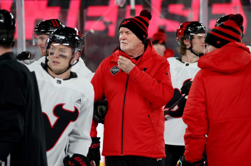 Lindy Ruff of the New Jersey Devils holds practice at MetLife Stadium