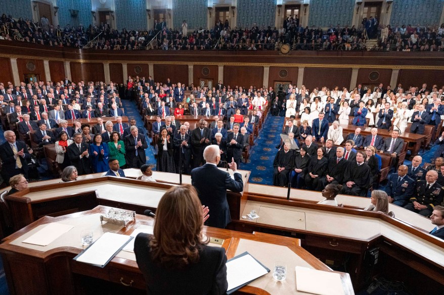 President Joe Biden speaks during the State of the Union address on Capitol Hill.