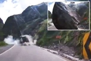 Falling rocks onto Peru roadway