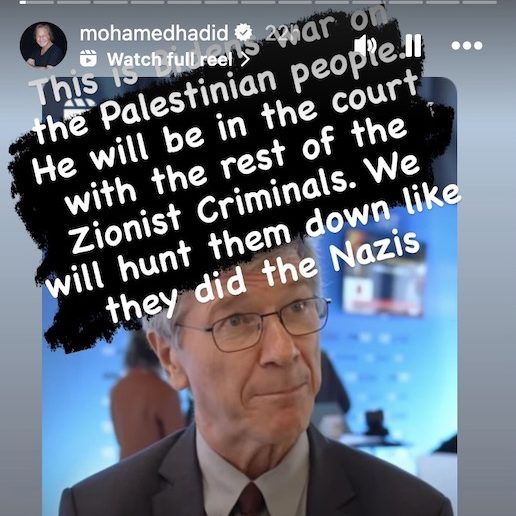 Hadid called Biden a "Nazi" and a war criminal in his Instagram story on Sunday