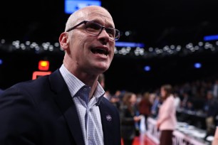 Head coach Dan Hurley of the Connecticut Huskies reacts after a 75-58 victory against the Northwestern Wildcats in the second round of the NCAA Men's Basketball Tournament.