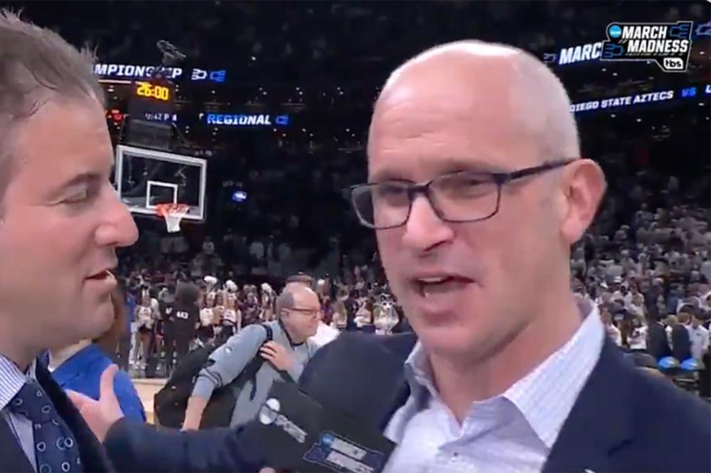 UConn head coach Dan Hurley jokes about his wife not getting enough TV time after the Huskies beat San Diego State at TD Garden in Boston on March 28, 2024 to advance to the Elite Eight in the 2024 NCAA Men's Tournament. 