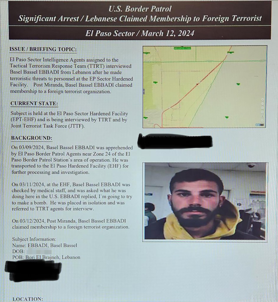 Border Patrol memo exclusively obtained by The Post showing Lebanese migrant Basel Bassel Ebbadi 