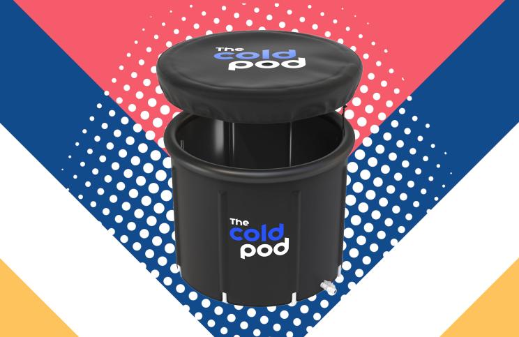 A black trash can with a cover referred to as icebath