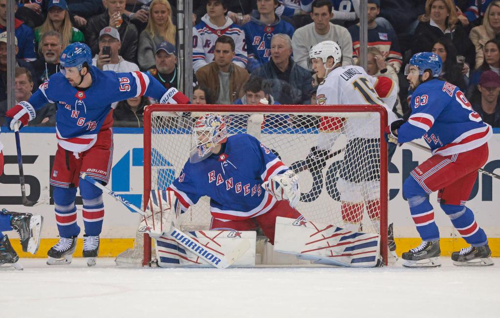 Igor Shesterkin #31 of the New York Rangers defends the net.