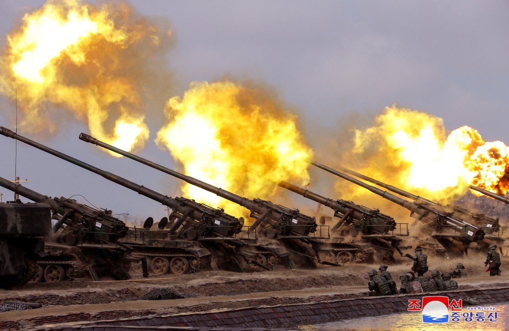 The Korean People's Army conducts an artillery firing drill, KCNA news agency reported, in North Korea, March 7, 2024.