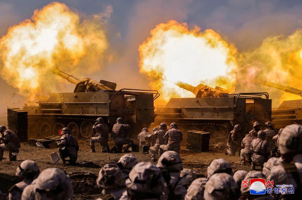 The Korean People's Army conducts an artillery firing drill, KCNA news agency reported, in North Korea, March 7, 2024.