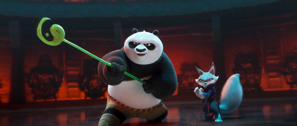 This image released by Universal Pictures shows characters Po, voiced by Jack Black, left, and  Zhen, voiced by Awkwafina, in a scene from DreamWorks Animation's "Kung Fu Panda 4."