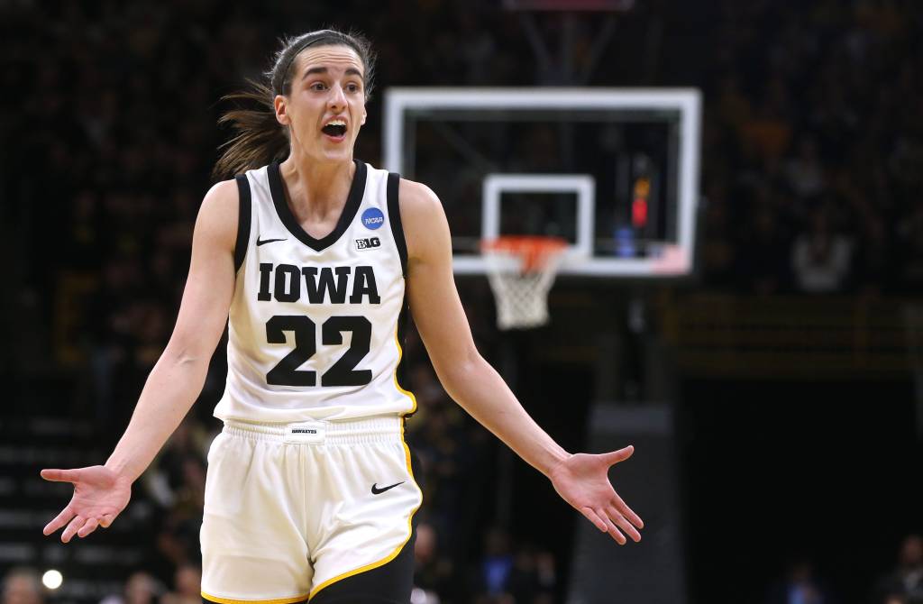 Iowa's Caitlin Clark complains during a March Madness game on Saturday.