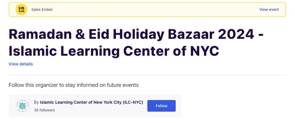 Eventbrite screenshot for Ramadan & Eid Holiday Bazaar. 
