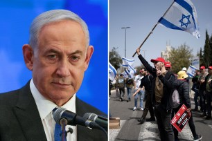 Benjamin Netanyahu, protesters waving Israeliflags