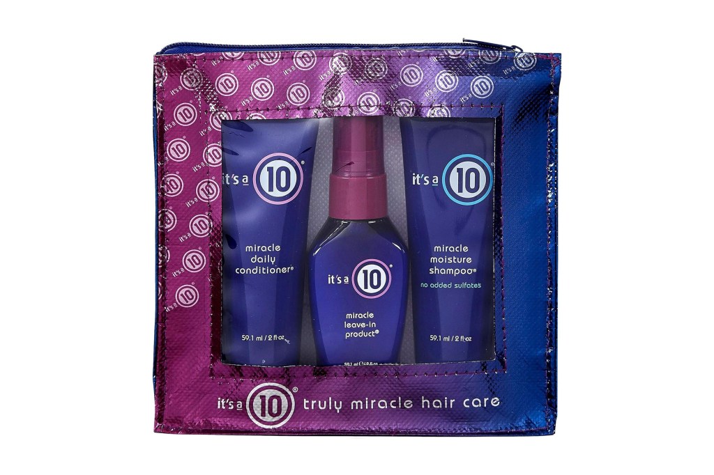 Package of shampoo and hair tube. Purple and blue.