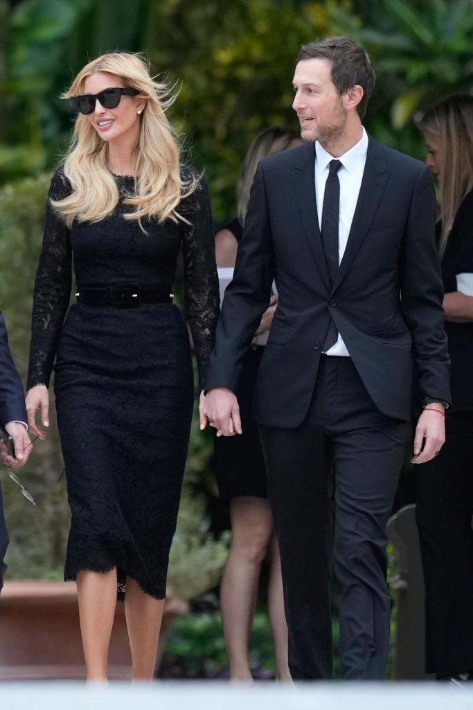 Ivanka Trump and Jared Kushner dressed in black, arriving at the Church of Bethesda-by-the-Sea for the funeral of Amalija Knavs, Melania Trump's mother.