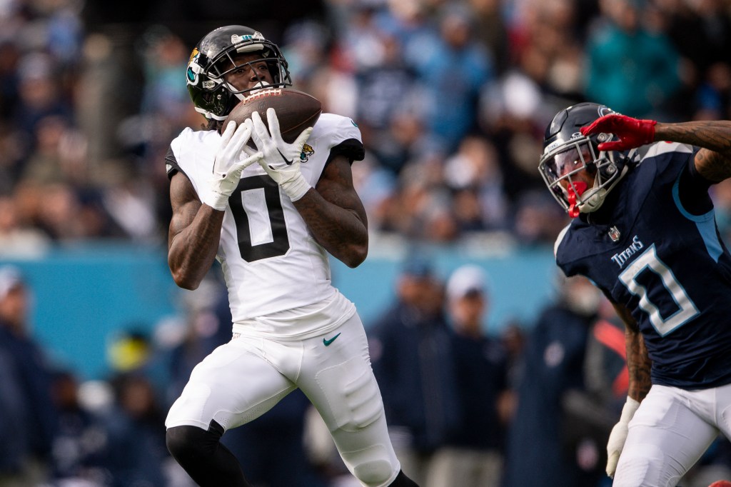 Jacksonville Jaguars wide receiver Calvin Ridley (0) scores a touchdown against the Tennessee Titans during the first half at Nissan Stadium.