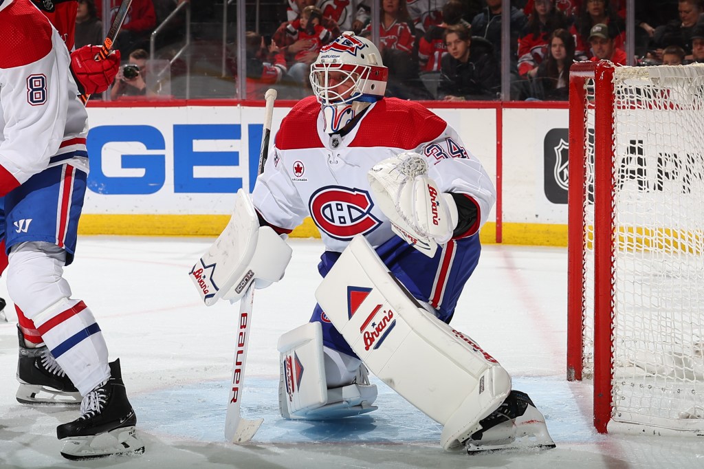  Jake Allen #34 of the Montreal Canadiens defends his net in the third period of the game against the New Jersey Devils 