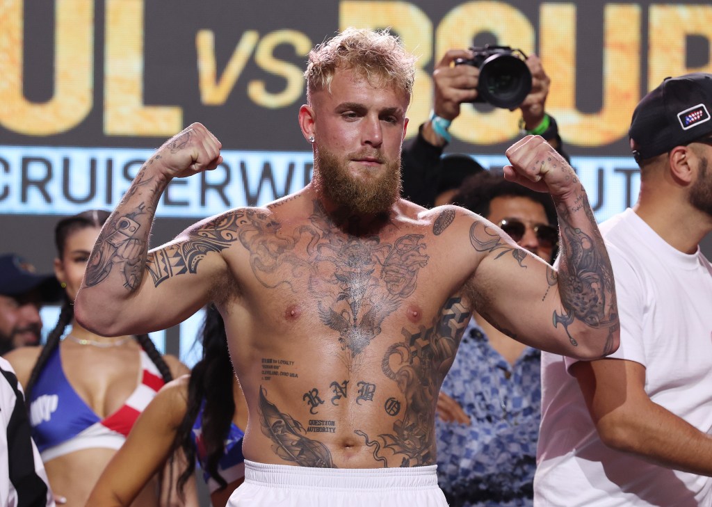 Jake Paul poses during the weigh in against Ryan Bourland for their cruiserweight fight at Distrito T-Mobile on March 01, 2024 in San Juan, Puerto Rico. They will fight at Coliseo de Puerto Rico on March 2, 2024. (Photo by Al Bello/Getty Images)