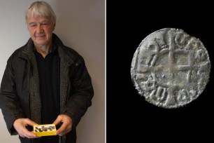 Jan Gunnar Fugelsnes holding a small yellow box, image of a coin