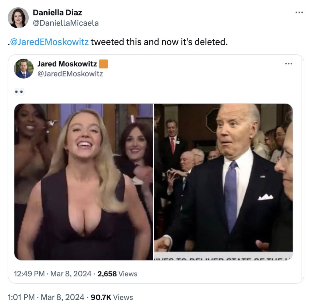 A meme of Joe Biden looking stunned, alongside Sydney Sweeney's breasts. 