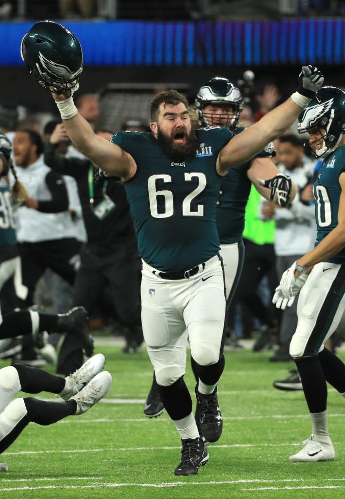Jason Kelce celebrates after the Eagles defeat the Patriots in Super Bowl LII on Feb. 4, 2018.