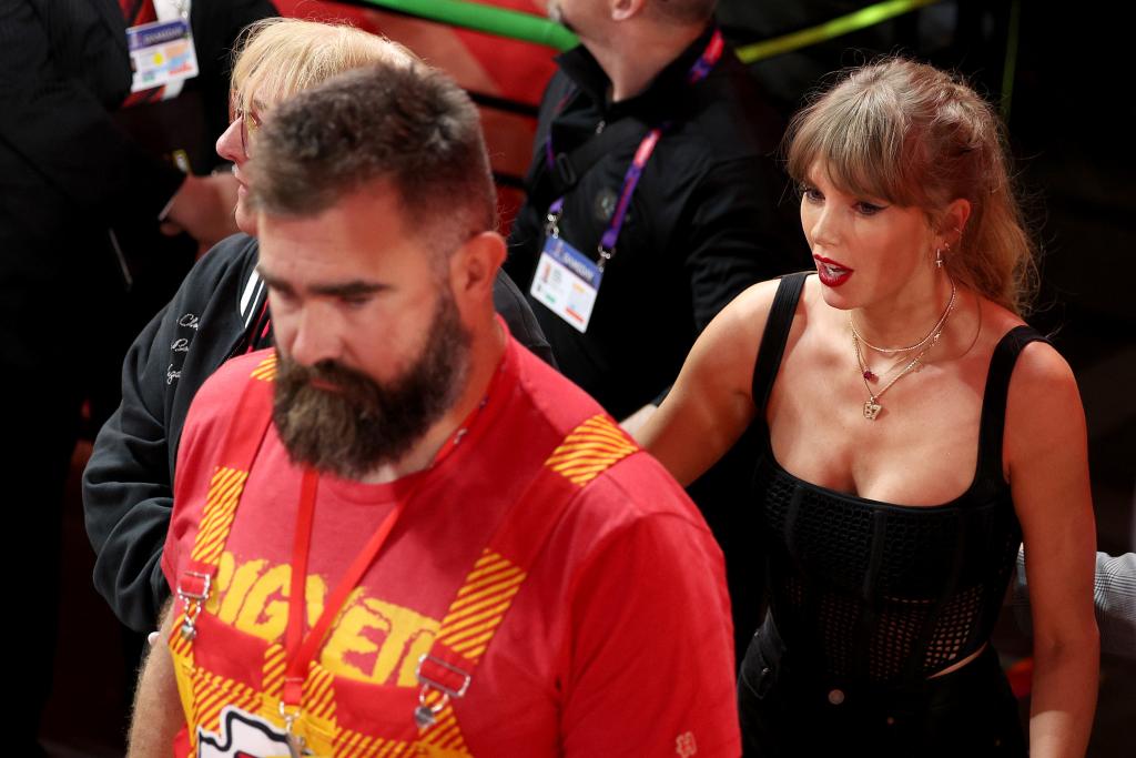 Jason Kelce with Taylor Swift at the Super Bowl in February 2024.